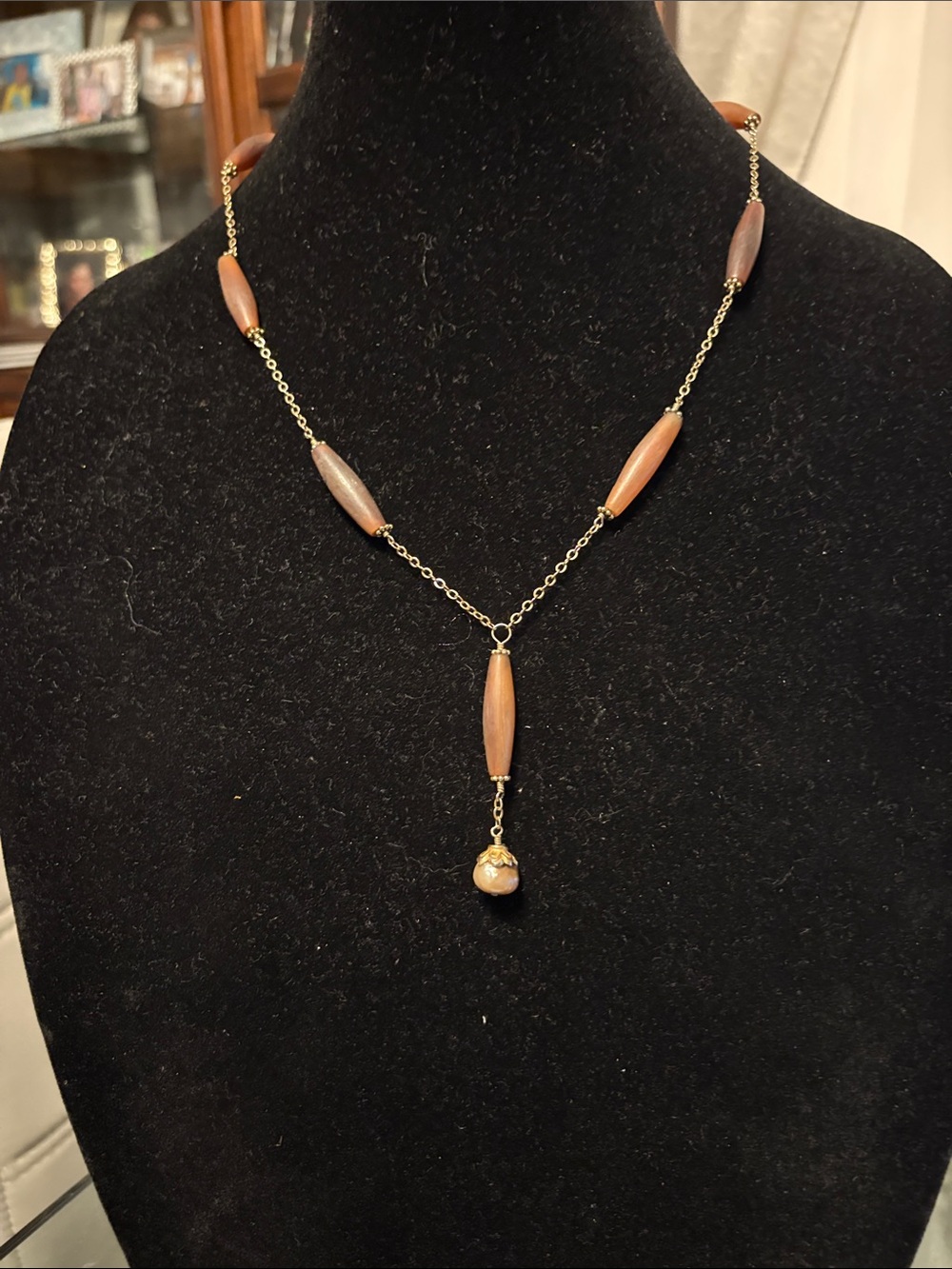 Vintage Women's Gold Chain Necklace with Brown Beads and Pearl Drop